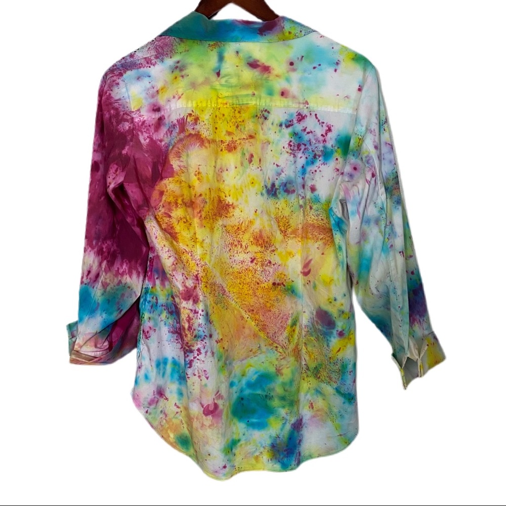 Coverup Shirt Top Boho Artsy Tie Dye Hippie Laser Cut Dopamine Festival Sz 8 - Picture 3 of 8